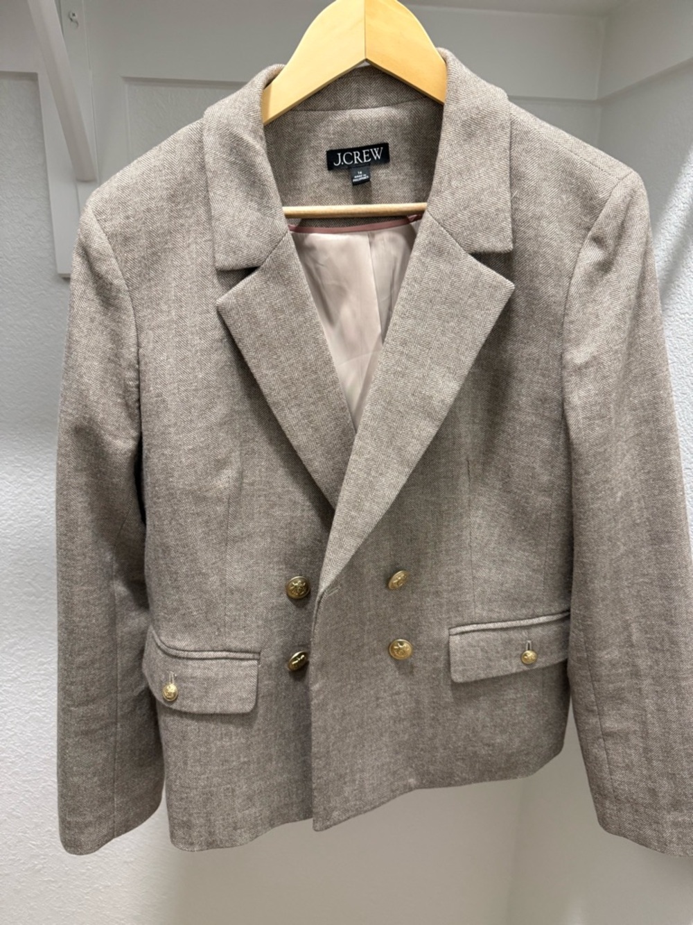 J.Crew Double-Breasted Herringbone Wool Blazer in Oatmeal